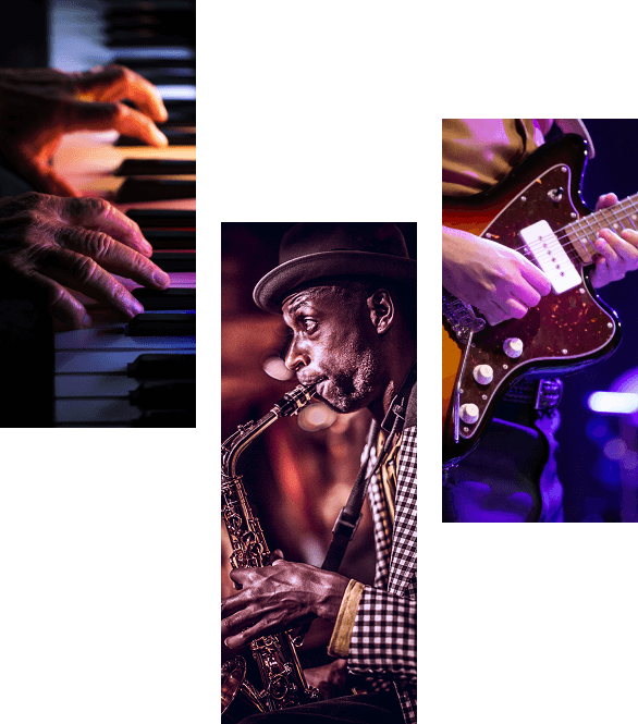 Three vertical tiles showing fingers playing a piano, a man with a saxophone, and a man playing a guitar.